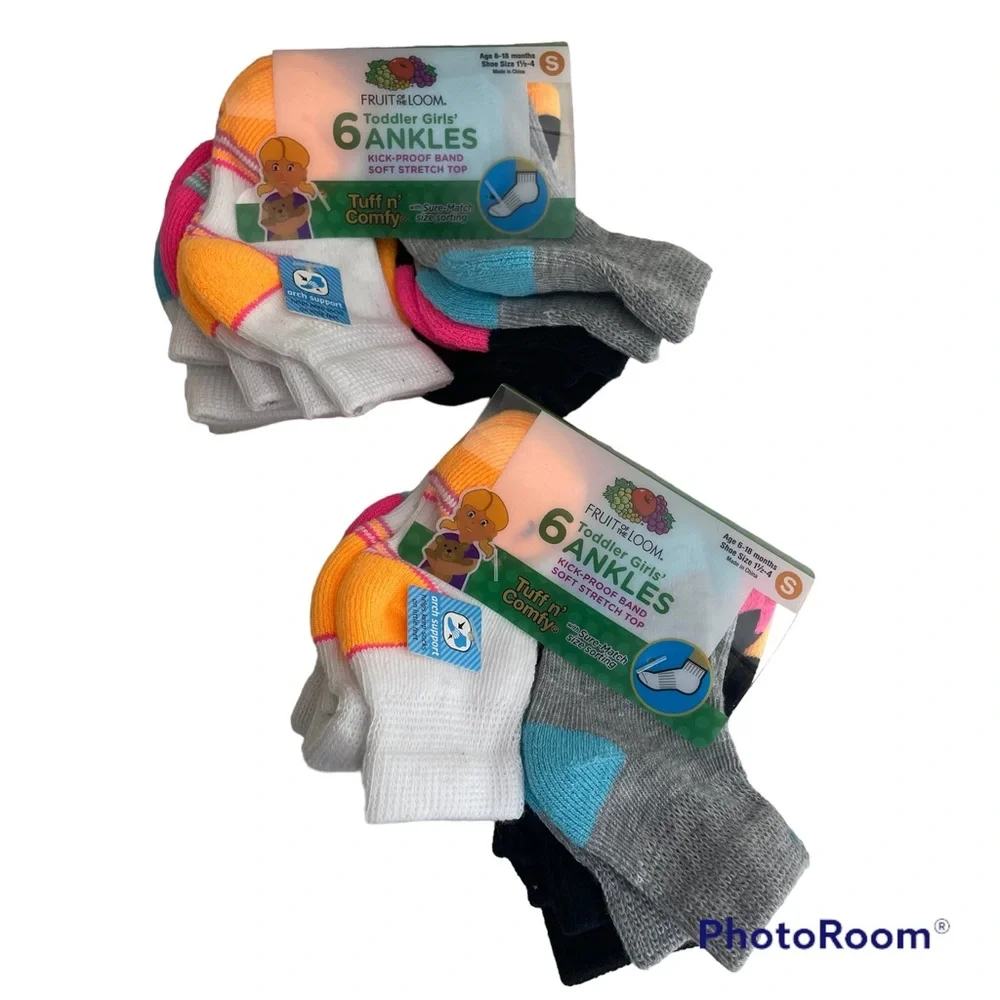 2 Packages Fruit of the Loom Girls Ankle Socks 12 Pr 6 - 18 MOS Size 1 1/2 - 4